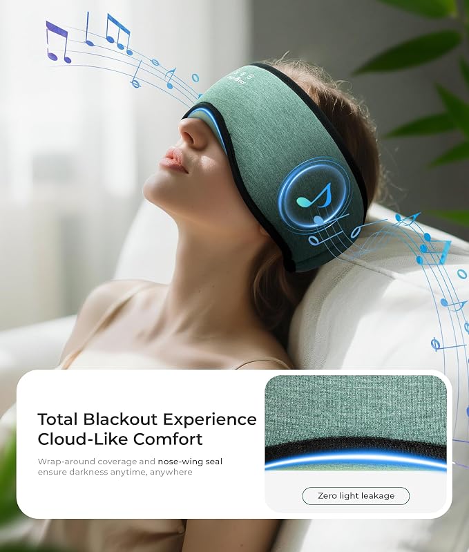 MUSICOZY Sleep Mask with Bluetooth Headphones, Bamboo Cotton Extended Sleep Headphones for Side Sleepers, Bluetooth Eye Mask for Sleeping, Wireless Earphones with HD Stereo Speakers (Dark Green)