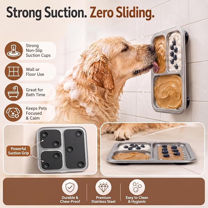 2 Pack - Stainless Steel Lick Mat for Dogs & Cats, Large Non-Slip Slow Feeder Pad with Suction Cups, Chew-Proof Dog Licking Mat for Anxiety Relief, Bathing & Grooming Time