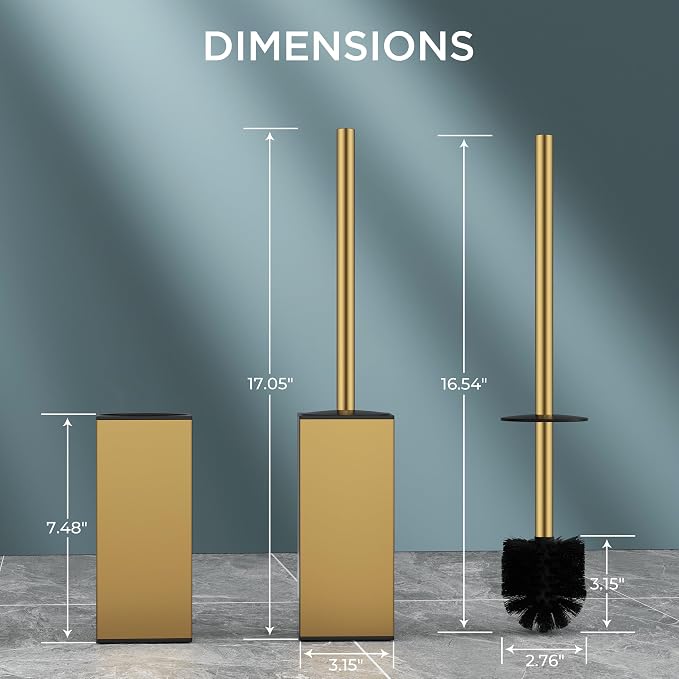 FORIOUS Toilet Brush and Holder Set, SUS304 Stainless Steel Square Base, Extended Long Handle, Drip-Proof & Space Saving, 2 Replaceable Brush Heads, Plastic & Silicone Dual Brush Head, Drak Gold