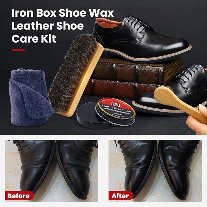 IKI Leather Boot Care Kit - Shoe Polish & Shine Kit with Black Shoe Polish, Sponge Applicators, Horsehair Brush, Microfiber Cloth and Wash Bag, Shoe Care Set for Men & Women (Black)