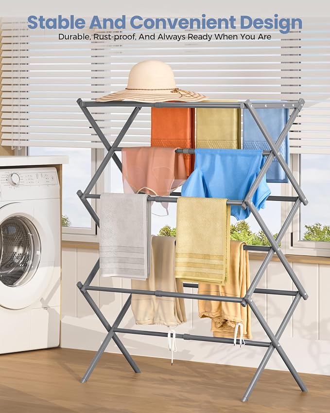 APEXCHASER Oversize Clothes Drying Rack, 3-Tier Drying Rack Clothing, Expandable Metal Laundry Drying Rack, Air Drying Rack, Clothes Rack, No Install, 24lb Capacity, 14.9" D x 29.3" W x 39.3" H, Grey