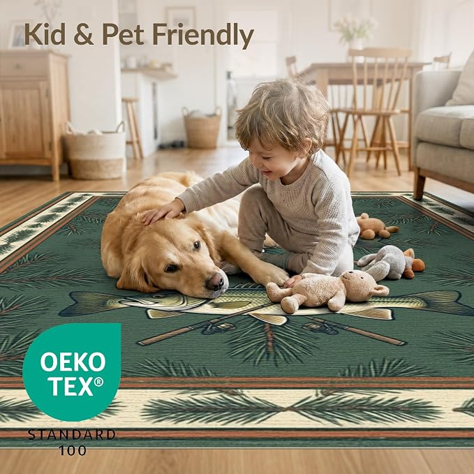 3'x5' Washable Area Rug Bass Vintage Lake Cabin Angler Lure Tackle Motif Fish Fishing Refined Structured Stain Resistant Flatwoven for Entryway, Kitchen, Mudroom