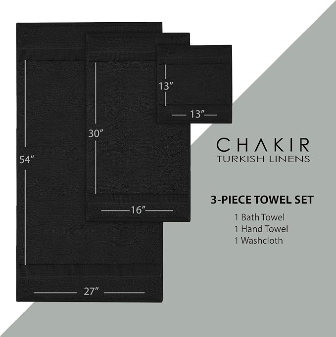 Chakir Turkish Linens Personalized 3 Piece Towel Set, 100% Cotton Luxury Turkish Towels for Bathroom, Soft Absorbent Towel Set with Bath Towel Hand Towel and Washcloth, Black