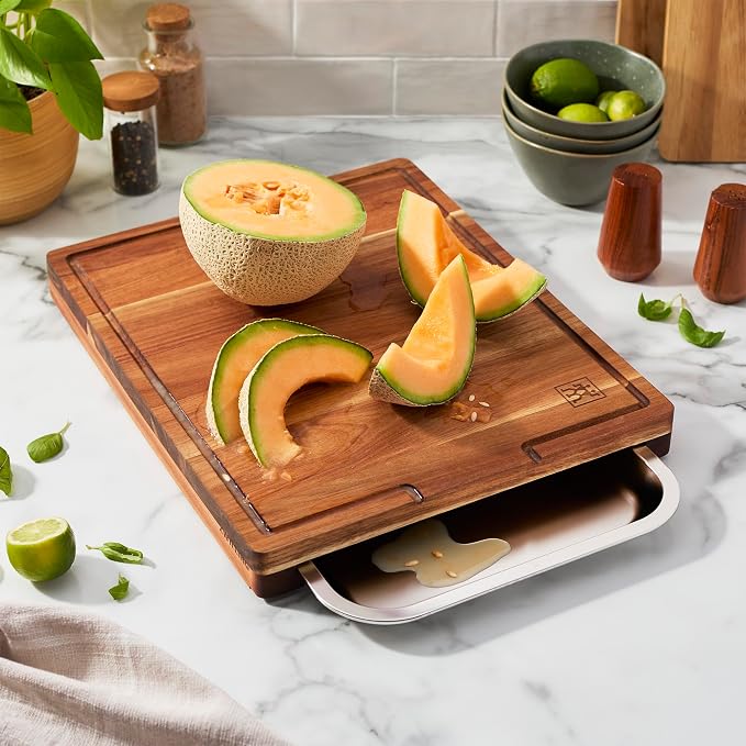 ZWILLING BBQ+ Cutting Board with Stainless Steel Tray, Acadia Wood, 17" x 14" x 13"