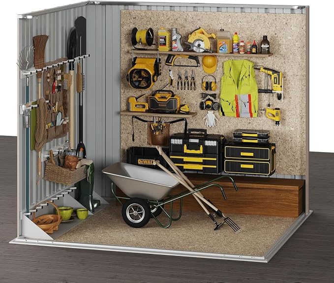 Aoxun 5’x3’ Shed Outdoor Storage Shed, Brown | Metal Shed with Lockable Doors & Slooping Roof Garden Tool Shed for Backyard, Patio, Poolside