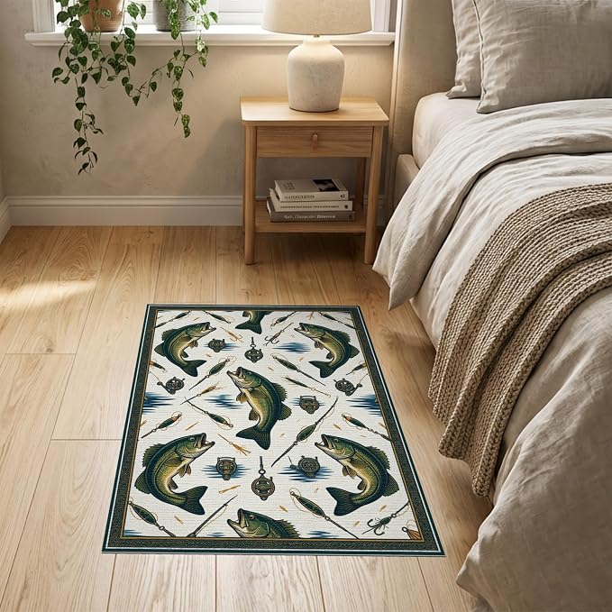 2'x3' Washable Area Rug Bass Lake Lure Tackle Reel Motif Border Angler Hook Fish Fishing Refined Stain Resistant Thin Throw for Entryway, Kitchen, Laundry Room