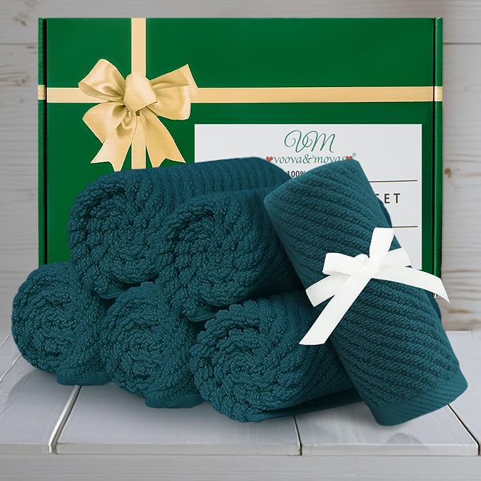 VOOVA & MOVAS Face Towels 6PC, 100% Cotton, 13x13 in, Deep Turquoise | Thick, Quick Dry, Soft, Absorbent, Fluffy Bathroom Hand Towels, Wash Cloths For Showering, Towel Gift Set