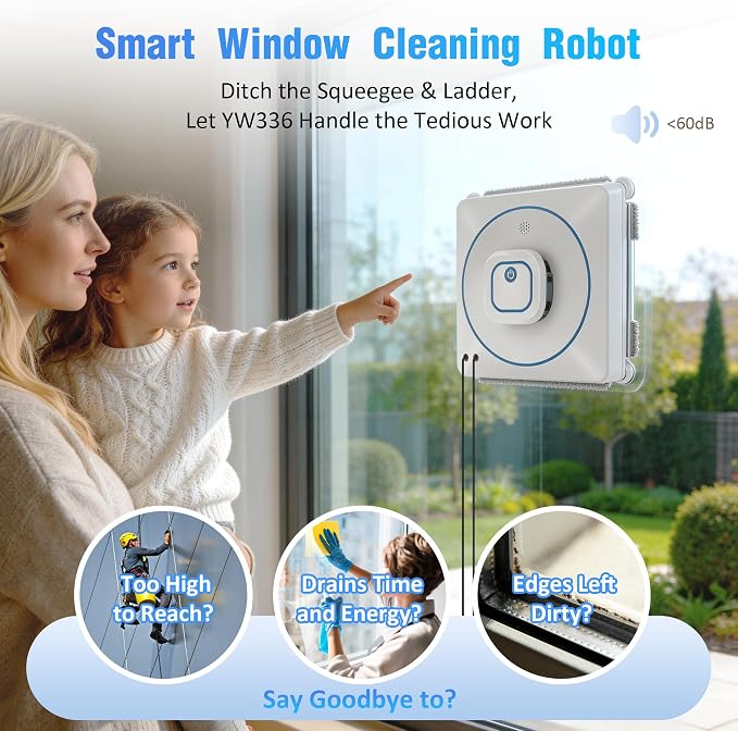 Window Cleaner Robot with 4 Cleaning Modes, 8000Pa Suction Dual Direction Auto-Spray Window Cleaner, Intelligent Path, Edge Detection, Remote Control, 15-Stage Anti-Fall System for Windows