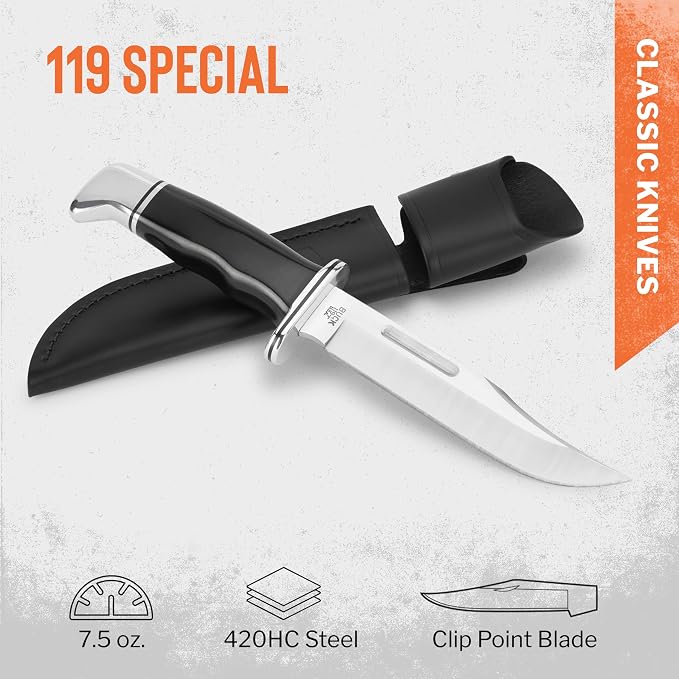 Buck Knives 119 Special Hunting Knife, 6" Fixed Blade, Full Tang Design, Phenolic Handle, 420HC Stainless Steel Clip Point Blade, Sheath Included, Knife Made in the USA, 7.5 oz
