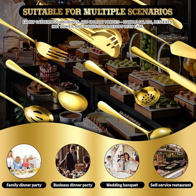 36-Piece Gold Serving Utensils Set, Stainless Steel Buffet Serving Spoons with Tongs Forks Ladle – Dishwasher Safe Serveware for Wedding, Party, Catering, Holiday Gatherings