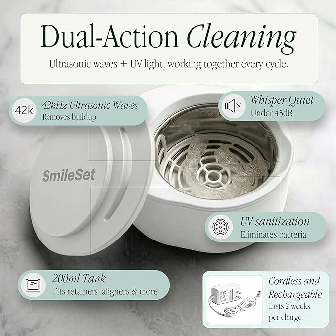 Premium Rechargeable 42000 Hz Ultrasonic Cleaner 200 ml with UV Sanitizer for Clear Aligners, Retainers, Mouthguards, Dentures, & Night Guards – Deep Cleaning Dental Appliance Cleaner - Mint