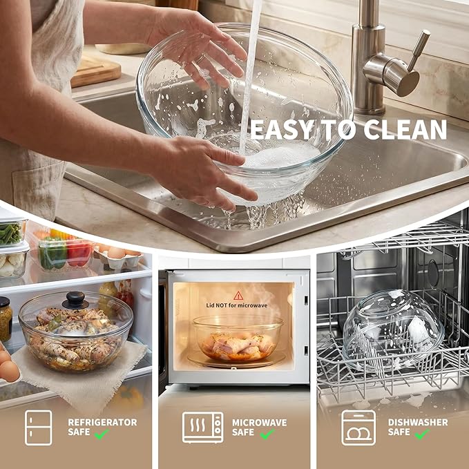 6.3 QT Glass Mixing Bowl with Lids, Large Glass Bowl for Sourdough Bread | Thick Glass Salad Bowl, Extra Large Glass Bowl Ideal for Kitchen Storage, Baking, Food Prep, Dishwasher Microwave Freezer