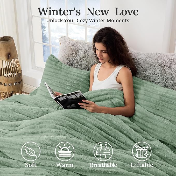 Sasttie King Comforter Set 3 Pieces - Super Soft Fleece Comforters King Size, 1 Luxury Warm Fuzzy Marshmallow Comforter with 2 Pillow Cases, Faux Fur Down Alternative Bedding Set, Sage Green