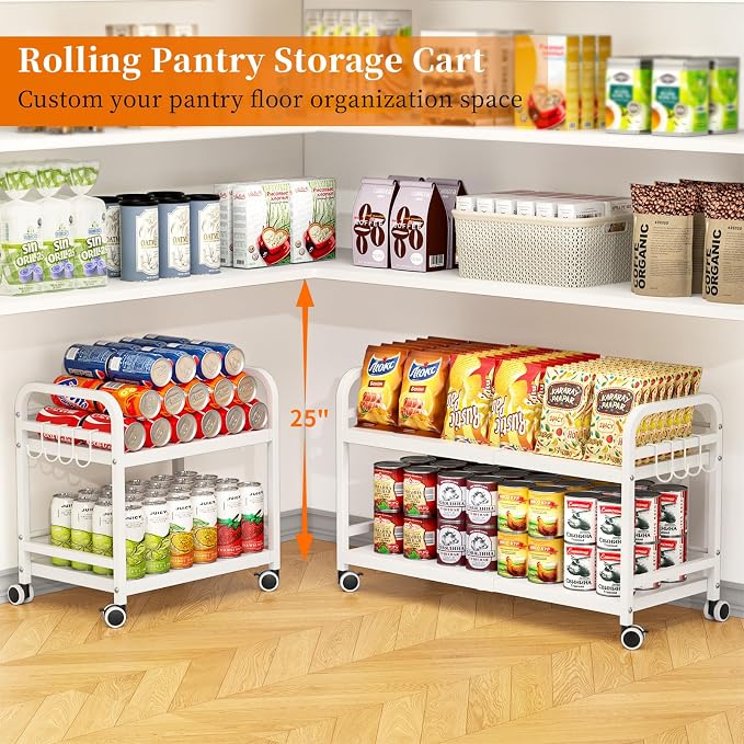 DAOUTIME 2-Tier Expandable Rolling Cart, Pantry Storage Cart with Wheels, Adjustable Rolling Pantry Floor Organizer, Metal Under Desk Cart, Sturdy Can Storage & Snack Organizer for Kitchen Pantry