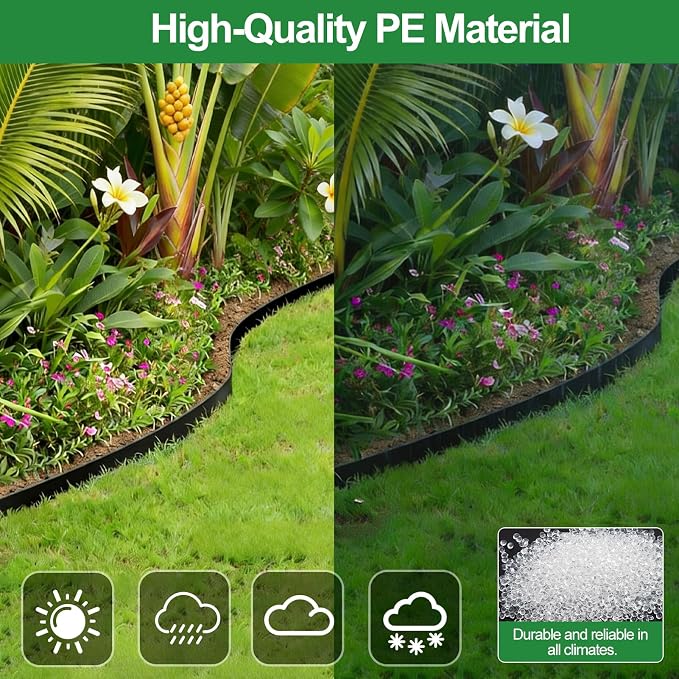 SPECILITE 4 in Landscape Edging Border, Plastic No Dig Garden Border | 100 FT Tall Flexible Landscaping Edging with 150 Galvanized Steel Stakes & Hammer for Garden, Outdoor, Yard, Lawn,Black