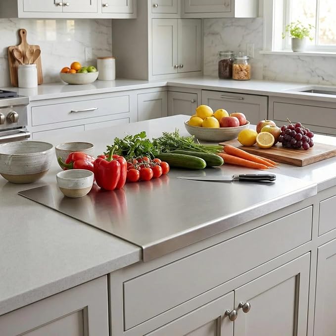 Stainless Steel Cutting Board with Lip and Non-Slip Mat (15.7 × 11.8 in) | Reversible Metal Cutting Board, L-Shaped Lip, Dishwasher Safe, for Meat, Fruit, Vegetables & Bread