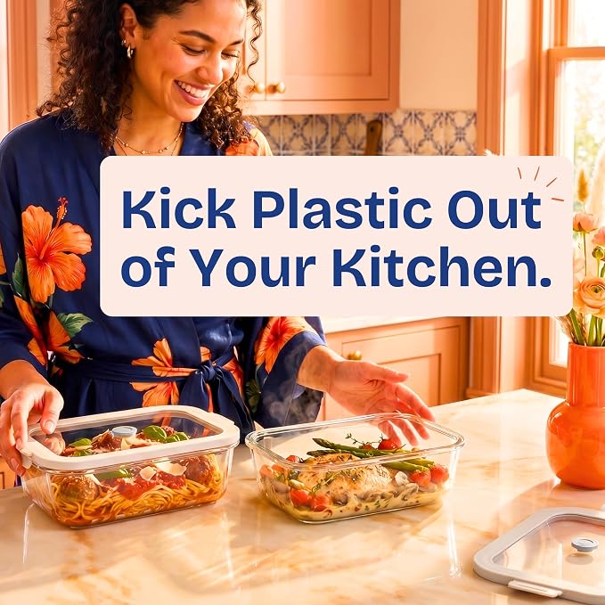 Non-Toxic Glass Food Containers with Lids, 2-Pack, 50 oz, Airtight, Gray | Plastic & BPA free. Glass body, glass lid & platinum silicone seal. Airtight & leakproof. Freezer & microwave safe.