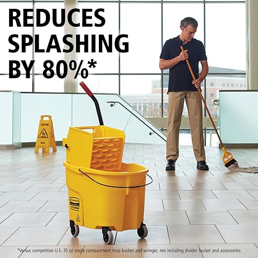 Rubbermaid Commercial Products WaveBrake 26 Qt. Side-Press Mop Bucket and Wringer Combo on Wheels, Yellow, for Professional/Industrial/Business Heavy-Duty Floor Cleaning/Mopping