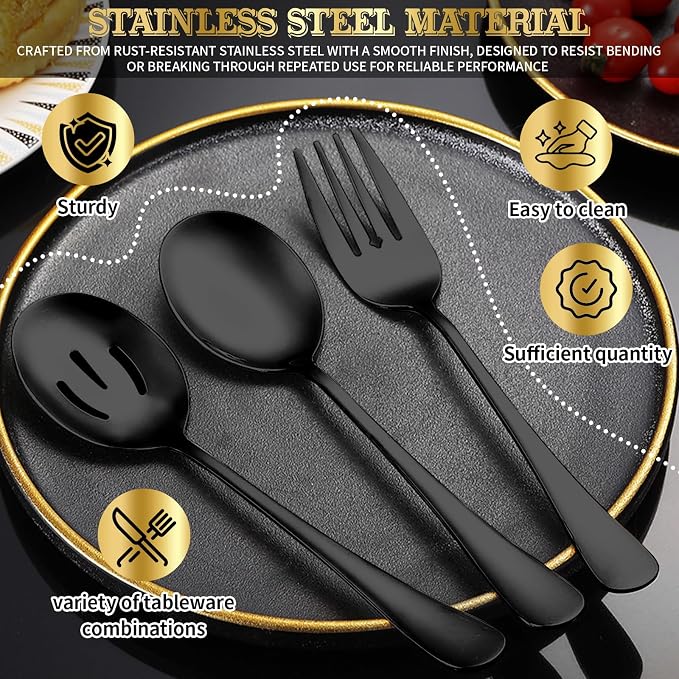 20 PCS Serving Utensil Set - Stainless Steel Complete Buffet Catering Utensils for Summer BBQ, Grilling, Picnic, Parties & Family Gatherings - Outdoor Serving Set (Black)