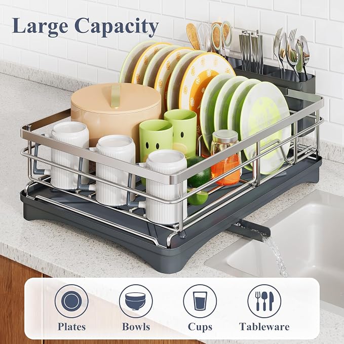 SAYZH Dish Drying Rack for Kitchen Counter with Utensil Holder, Silver | Stainless Steel, Large Capacity, Angled Drainboard, Rotating Spout, Removable to Clean