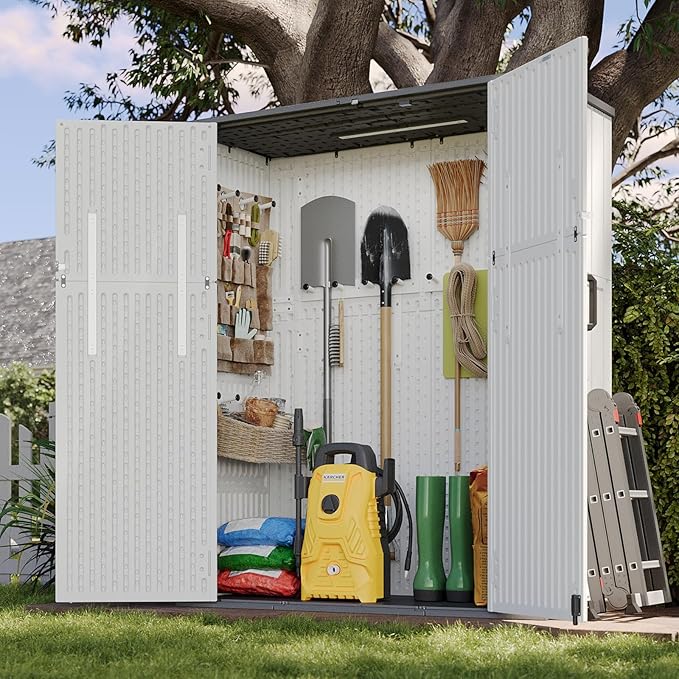 Aoxun Outdoor Storage Shed with Floor, 61 Cu.Ft Large Outdoor Storage Cabinet, Waterproof Vertical Resin Shed for Garden Tools, Pool Equipment, Grey White