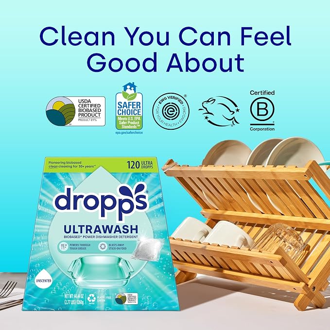 Dropps UltraWash Dishwasher Detergent Pods, Unscented (120 Ct) - Free & Clear | Cuts Grease & Stuck-On Food | Sparkling Dishes & Glasses | Residue-Free | Clean Ingredients | Plastic Free Packaging