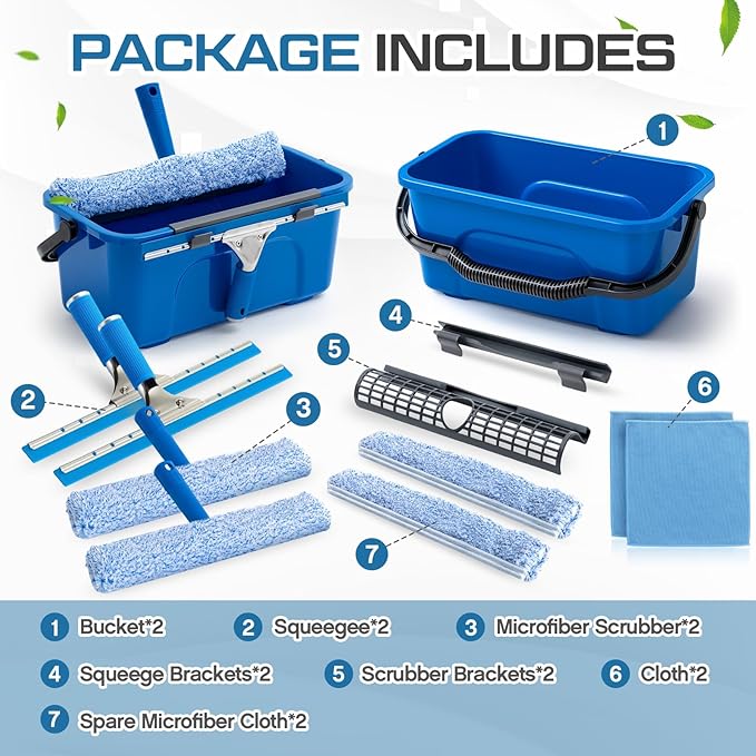 2 Set 14 Pcs Professional Window Cleaning Kit, 3 Gallon Bucket, 14" Squeegee, 14" Microfiber Scrubber, Cloth, Window Washing Equipment Cleaner Tool for Outdoor Commercial Household, Home, Car