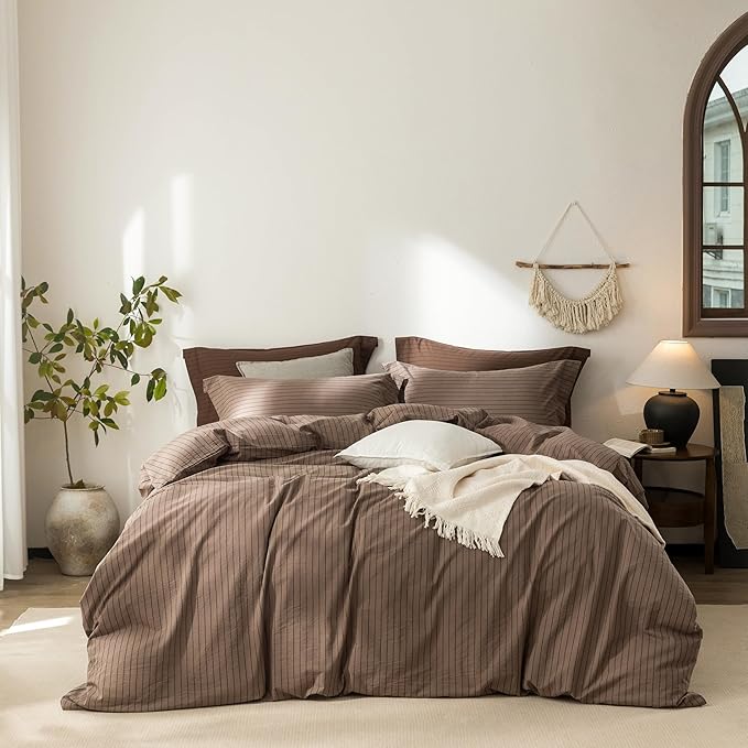 Stripe Duvet Cover King Size 104inch x 90inch,100% Washed Cotton Pinstripe Duvet Cover with Zipper Closure and 2 Pillowcases, Color of Light Brown-Black Stripe