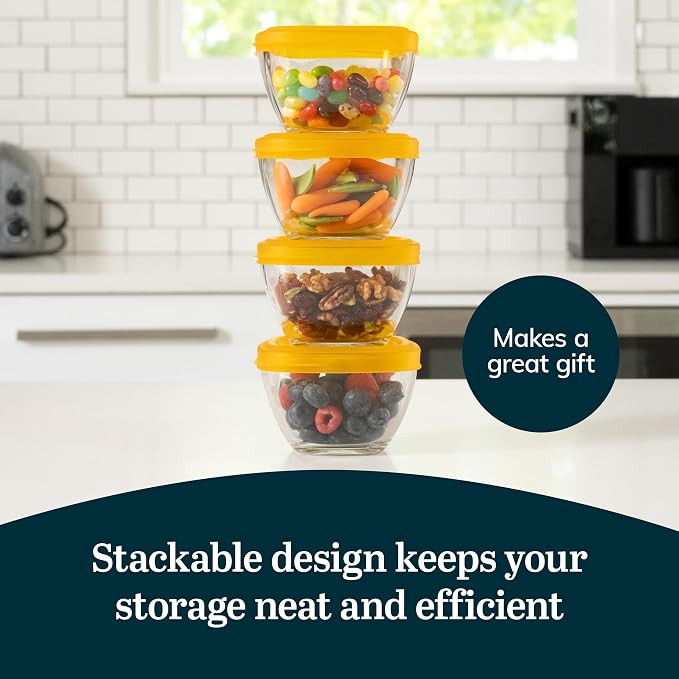 Libbey Serve It Glass Storage Bowls Set of 16 Stackable 2 Cup Food Storage Containers with Sung Fit Lids, Glass Bowls Set for Snacks, Leftover or Meal Prep