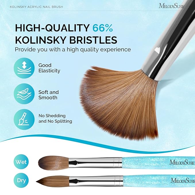 MelodySusie Kolinsky Acrylic Nail Brush,66% Kolinsky Hair Professional Nail Art Brush for Acrylic Application, Aurora Collection Fine Glitter Brush, Blue, Size 8
