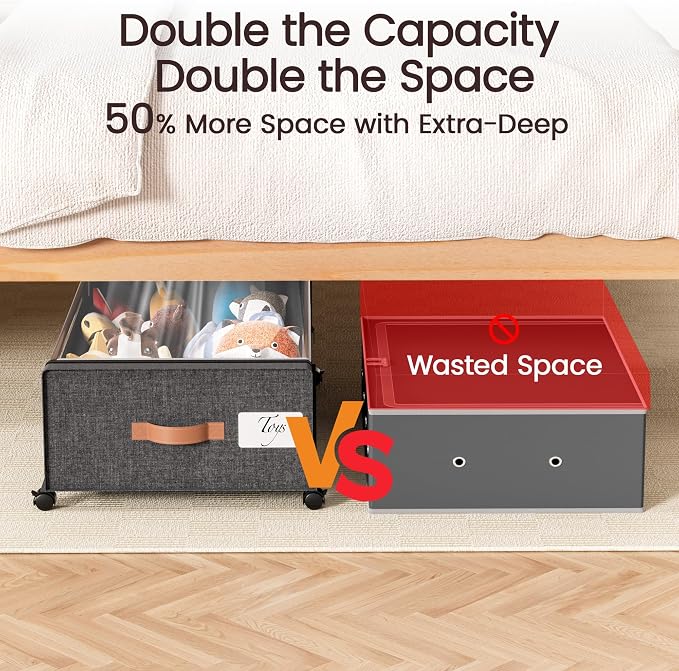 Yecaye 82L Under Bed Storage Containers, Fits 9.4" Under Bed, 2 Pack, Grey | XXL Capacity, 360° Rolling Wheels, Sturdy Metal Frame, Clear Window & Label, Storage Bins for Clothes, Blankets, Shoes