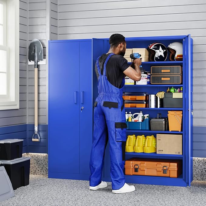 Metal Garage Storage Cabinet with 2 Doors and 5 Adjustable Shelves - 71" Steel Lockable File Cabinet,Locking Tool Cabinets for Office,Home,Garage,Gym,School (Blue)