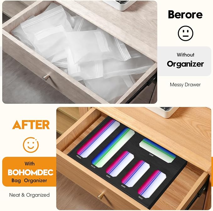 6 in 1 Bamboo Ziploc Bag Storage Organizer, Black Baggie Organizer for Drawer with Sliding Lid - Fits Gallon, Quart, Sandwich, Snack & Freezer Bags, Wall Mountable Kitchen Drawer Organization