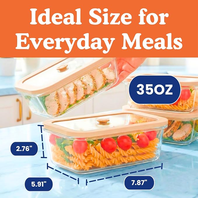 Non-Toxic Glass Food Containers with Lids, 4-Pack, 35 oz, Airtight, Beige | Plastic & BPA free. Glass body, glass lid & platinum silicone seal. Airtight & leakproof. Freezer & microwave safe.