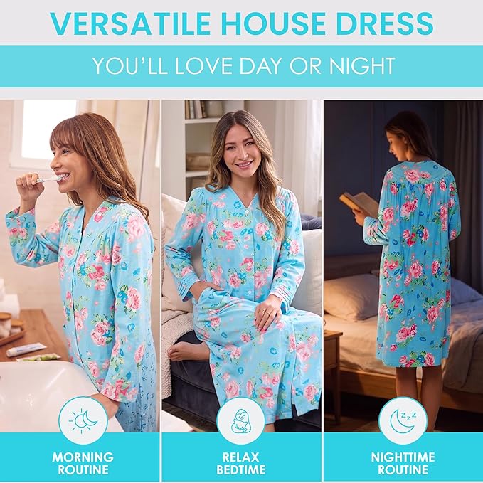 Casual Nights Women's Floral Snap Front Flannel Duster Long Sleeve Lounger Dress