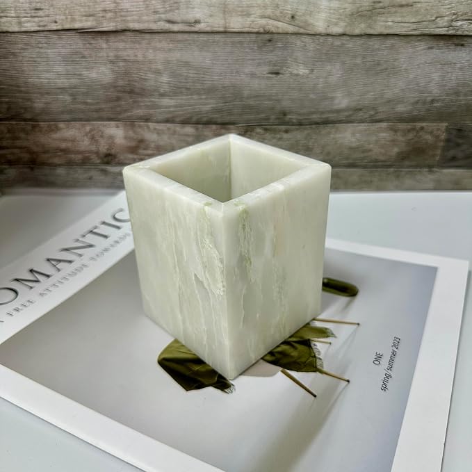 Natural Marble Pen Holder, 2.95" x 3.74" Square Hand-Polished Desk Pencil Cup, Multi-Functional Marble Organizer for Makeup Brushes, Kitchen Utensils, Office, Bathroom, Home Decor