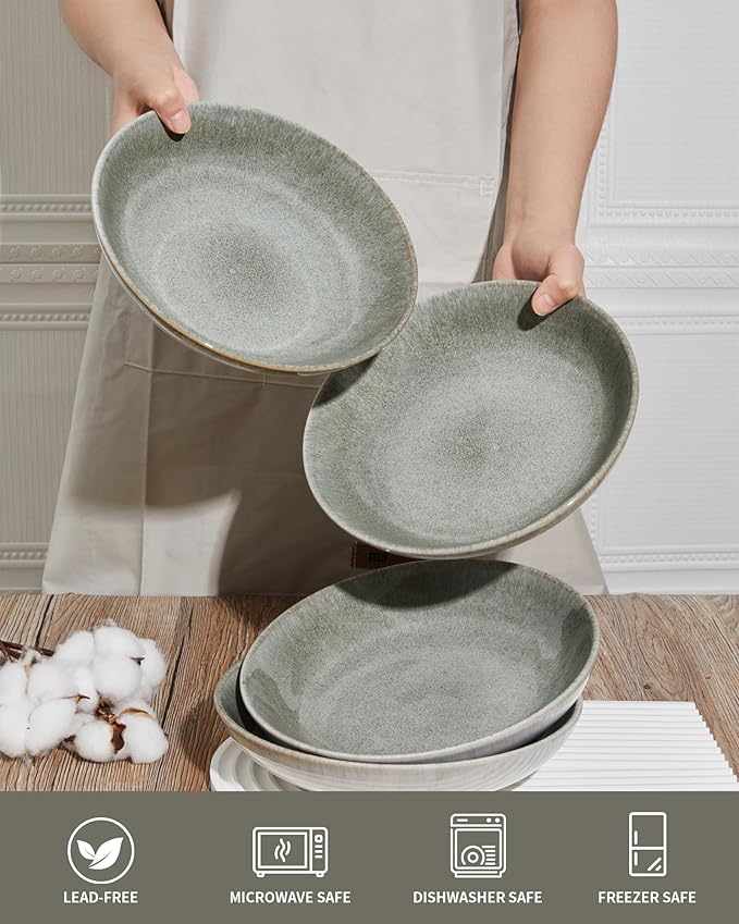 Pokini 16 Piece Double Bowl Dinnerware Sets, Stain Resistant Dish Set with Pasta Bowls, Easy Cleaning Dishes, Multi-Functional Plate and Bowl, Stack Compactly Plate Set, Service for 4