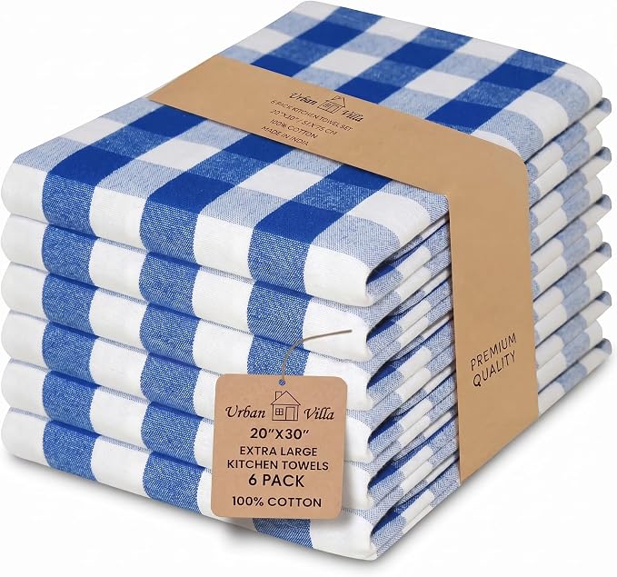 Urban Villa Kitchen Towels 100% Cotton Dish Towels for Kitchen (Set of 6) 20”x30” Dish Cloths Highly Absorbent Kitchen Linen Set with Hanging Loop Perfect for Drying Dishes Cleaning – Blue/White