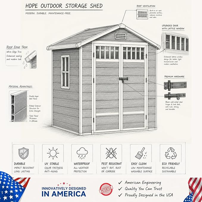 DWVO 6x4.4 FT Outdoor Storage Shed with Fence-Style and Side Windows, Lockable Door and Vents, Resin Storage Shed, Tool Shed for Garden Backyard Patio Lawn