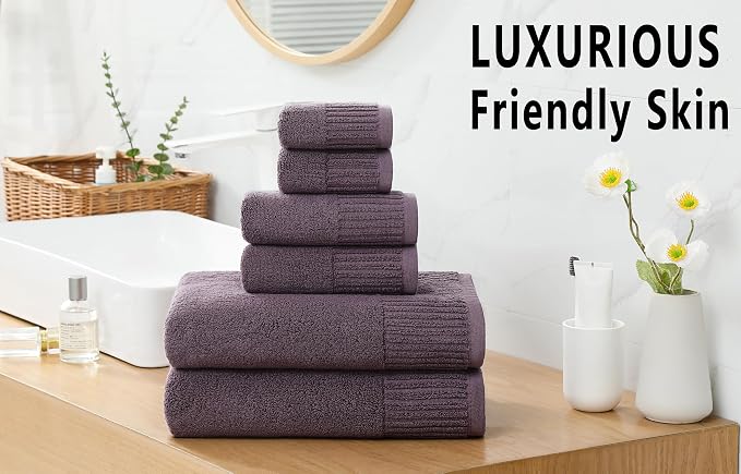 YTYC 27.5x55 Bath Towels Set,100% Cotton,650GSM,Plum,6-Pieces | Ultra Soft,Highly Absorbent, 2 Bathroom Towels,2 Hand Towels, 2 Washcloths, Towels for Bathroom, Gym, Spa,Pool