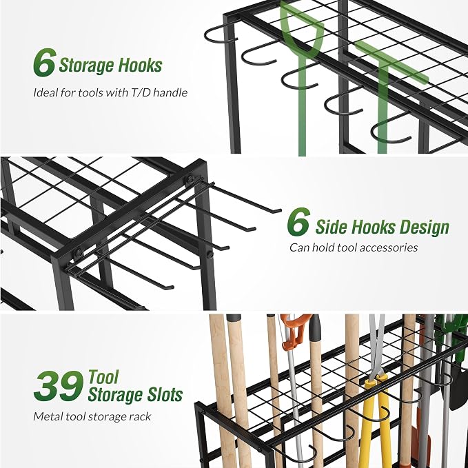 Sttoraboks Garden Tool Organizer Rack Up to 39 Tools, Heavy-Duty Steel Yard Tool Organizer for Garage Storage with 12 Hooks, Broom Holder & Garden Tool Rack for Shed, Patio, Outdoor Storage, Black