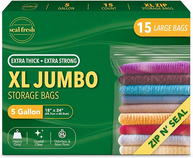 Seal Fresh 5 Gallon Large Plastic Storage Bags – 18" x 24" (15 Count) – Reusable XXL Extra Large Clear Jumbo Zip Bags with Sealable Zipper Top For Clothes, Travel, Moving