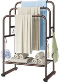 ELYKEN 40" H Freestanding Towel Rack with Shelf, 3 Tier Towel Stand, Bronze | Metal Drying Rack for Oversized Bath Towels & Blankets, 4 Hooks, Indoor & Outdoor Use, Fits Bathroom, Tub, Shower, Poolside