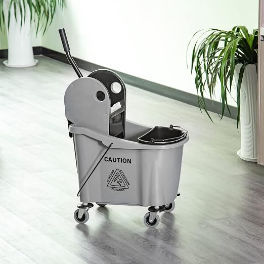 HOMCOM 9.5 Gallon (38 Quart) Mop Bucket with Wringer Cleaning Cart Grey | 4 Moving Wheels, 2 Separate Buckets, Mop-Handle Holder
