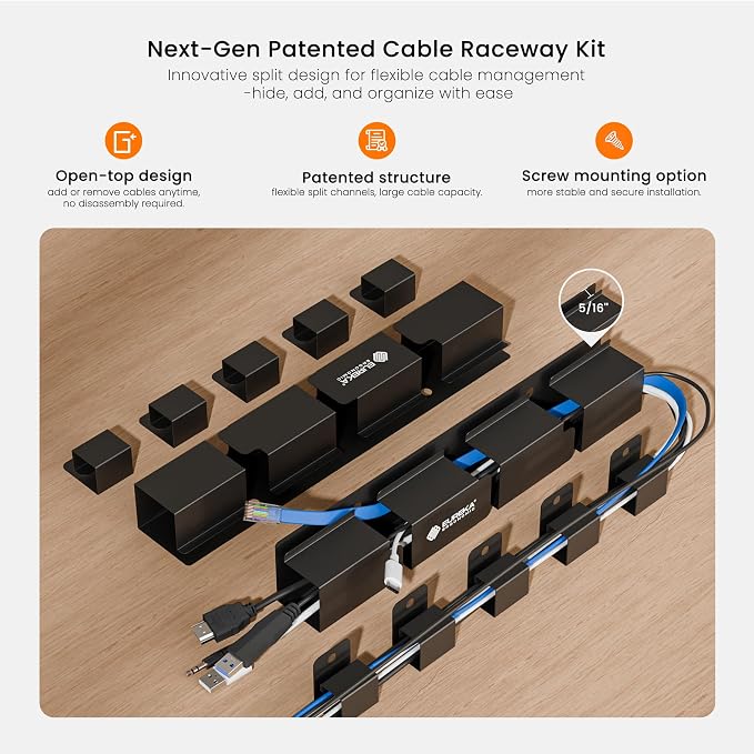 EUREKA ERGONOMIC Metal 316 PCS Cable Management Organizer Kit Cable Raceways, 6 Cable Holder, 4 Cord Sleeve, 60 Wire Clips, 2 Roll Self Adhesive Wire Ties, 100 Zip Ties Under PC Desk, Black
