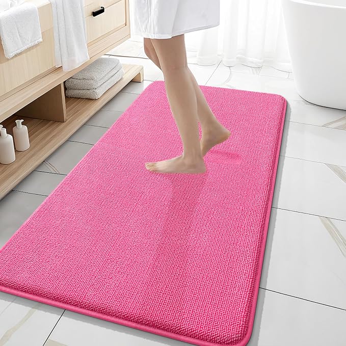OLANLY Memory Foam Bathroom Runner Rugs 47x20, Absorbent Long Mat, Hot Pink | Soft Quick Dry Bath Mat Rugs, Non-Slip, Machine Washable Mat for Bathroom Floor, Tub and Shower, Home Decor Accessories