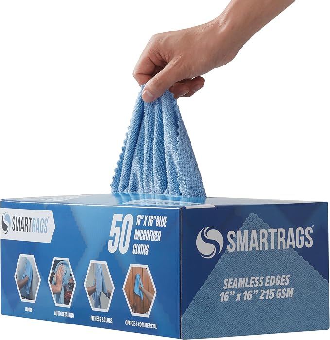 Arkwright Smart Rags Microfiber Cleaning Cloths, Pack of 50 in a Box, Lint Free 215 GSM Reusable Towels for Auto, Office and Household Cleaning, 16 x 16 in, Blue