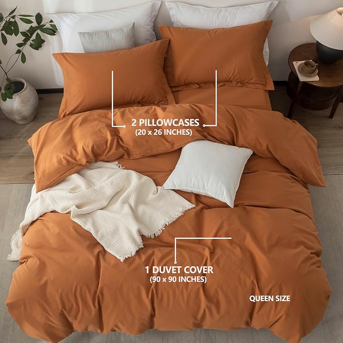 Linen Feel Duvet Cover Queen Size 90inch x 90inch,100% Washed Cotton Duvet Cover with Zipper Closure and 2 Pillowcases, Color of Burnt Orange