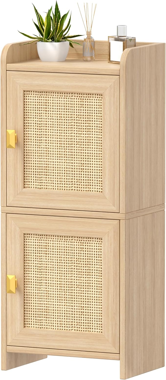 Akxomel Rattan Small Bathroom Cabinet Narrow Toilet Paper Organizer Oak | 7.9''D x 11.8''W Bathroom Organizer and Storage Cabinet for Small Space, Slim Corner Unit with Adjustable Shelf