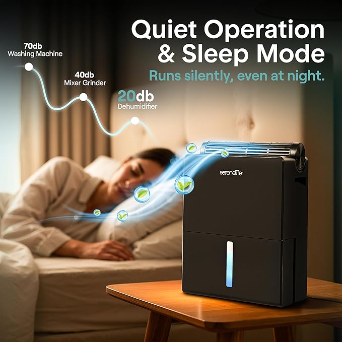 SereneLife 91 OZ Dehumidifier For Home | Covers 1200 SQ FT For Basements, Bedrooms, Bathrooms & Offices | Includes Removable Natural Dehumidifier For Closet | Set Timer, Sleep Mode & Humidity | Black